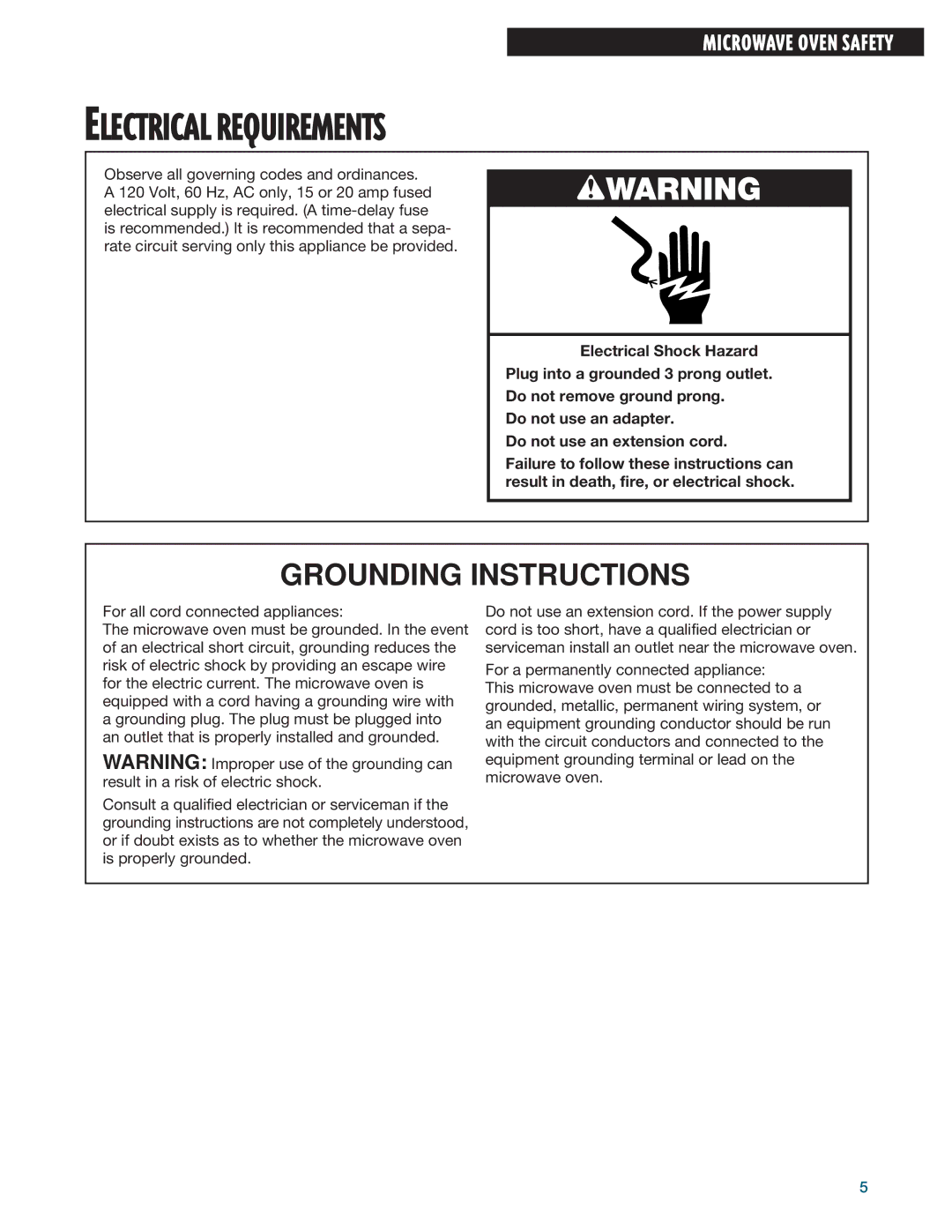 Whirlpool MHE14RF installation instructions Electrical Requirements, Wwarning 