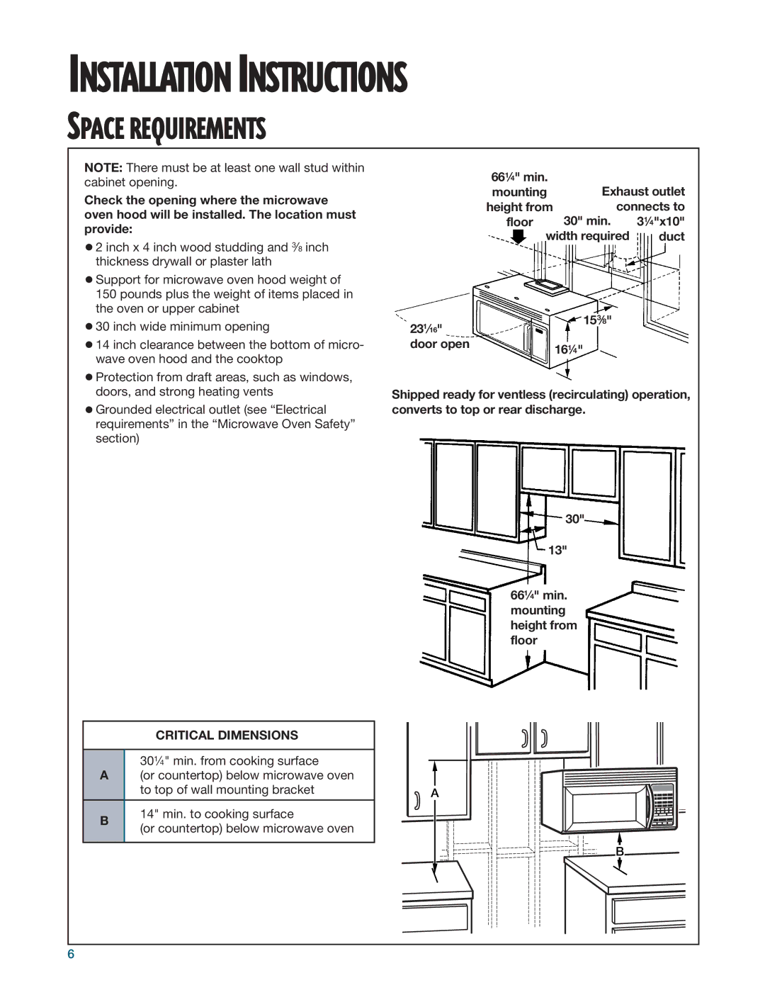 Whirlpool MHE14RF installation instructions Space Requirements, Critical Dimensions 