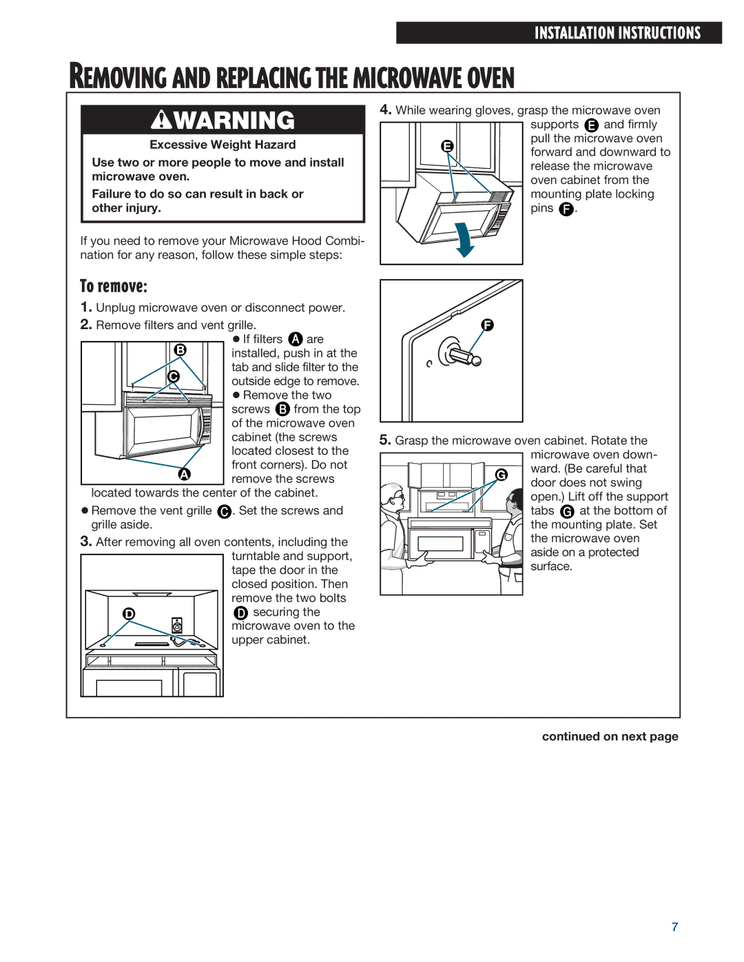 Whirlpool MHE14RF installation instructions Removing and Replacing the Microwave Oven 