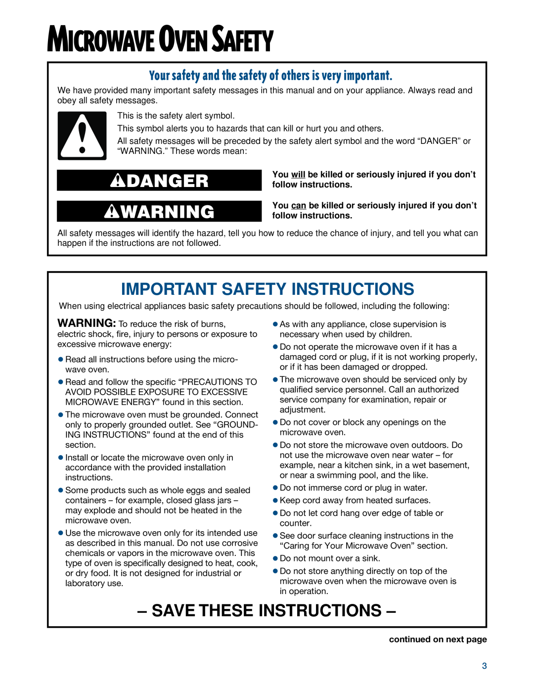 Whirlpool MHE14RF wDANGER wWARNING, Save These Instructions, Microwave Oven Safety, Important Safety Instructions 