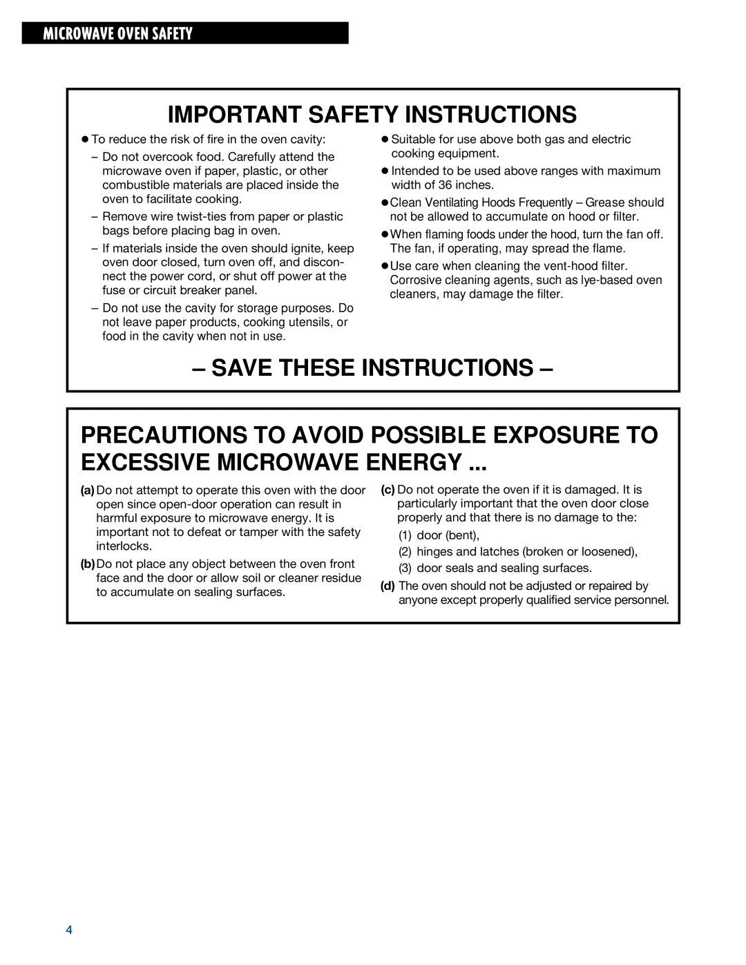 Whirlpool MHE14RF Important Safety Instructions, Precautions To Avoid Possible Exposure To, Excessive Microwave Energy 