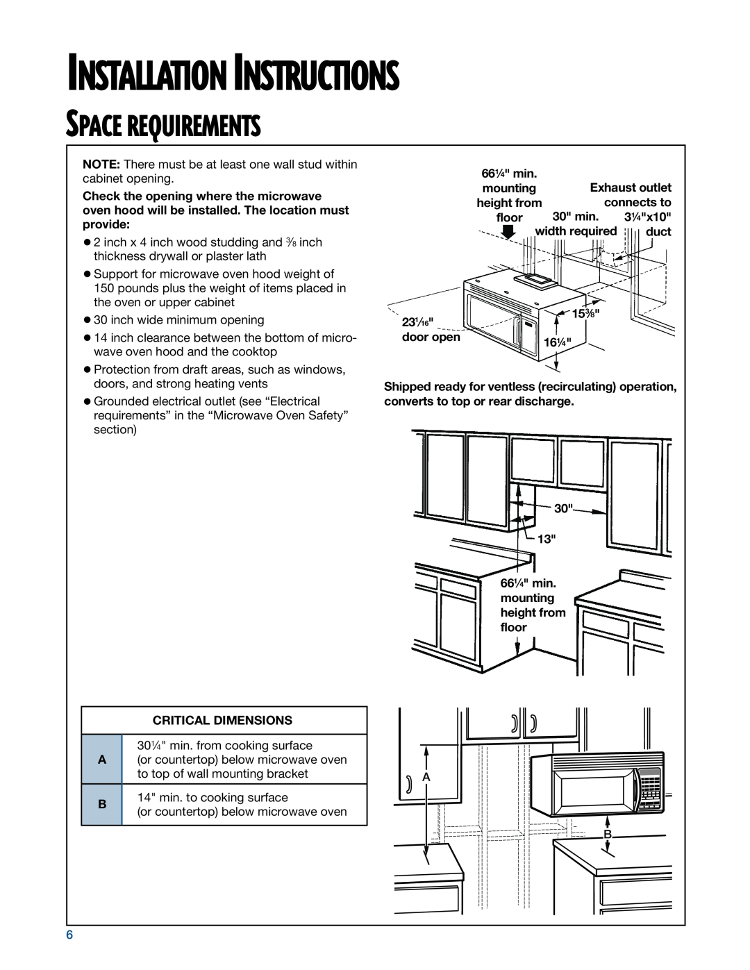 Whirlpool MHE14RF installation instructions Space Requirements, Installation Instructions 
