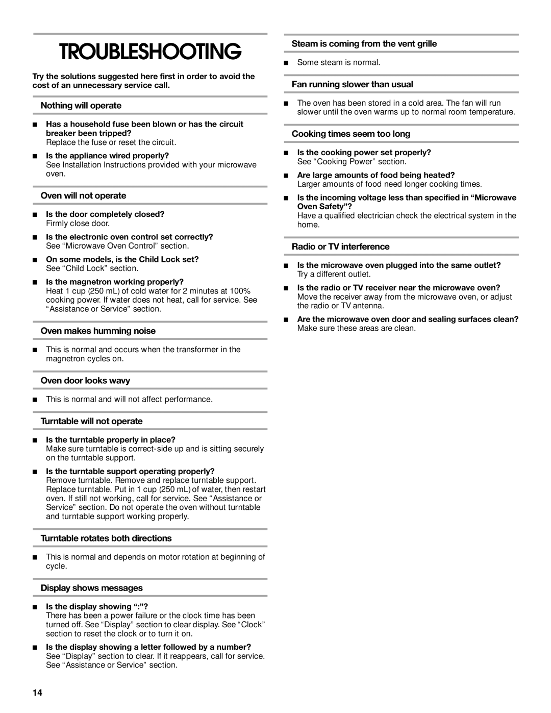 Whirlpool MHE14XK manual Troubleshooting 