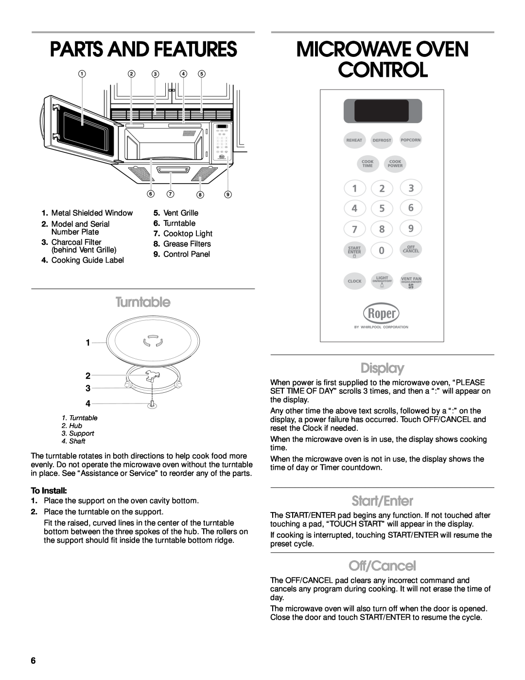 Whirlpool MHE14XK Microwave Oven Control, Parts And Features, Turntable, Display, Start/Enter, Off/Cancel, To Install 