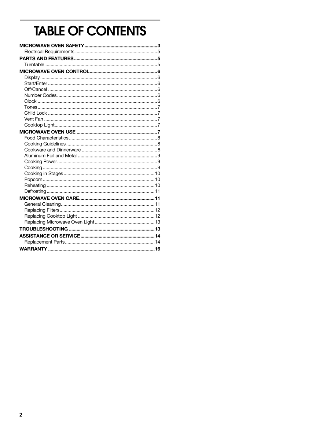 Whirlpool MHE14XM manual Table of Contents 