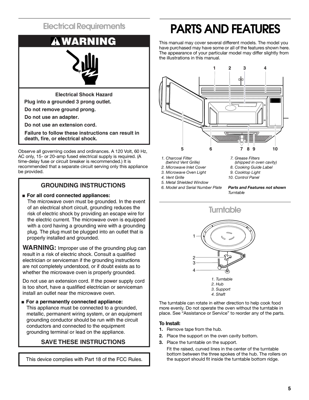 Whirlpool MHE14XM manual Parts and Features, Electrical Requirements, Turntable, To Install 