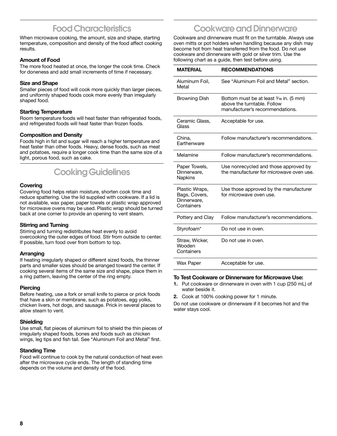 Whirlpool MHE14XM manual Food Characteristics, Cooking Guidelines, Cookware and Dinnerware 