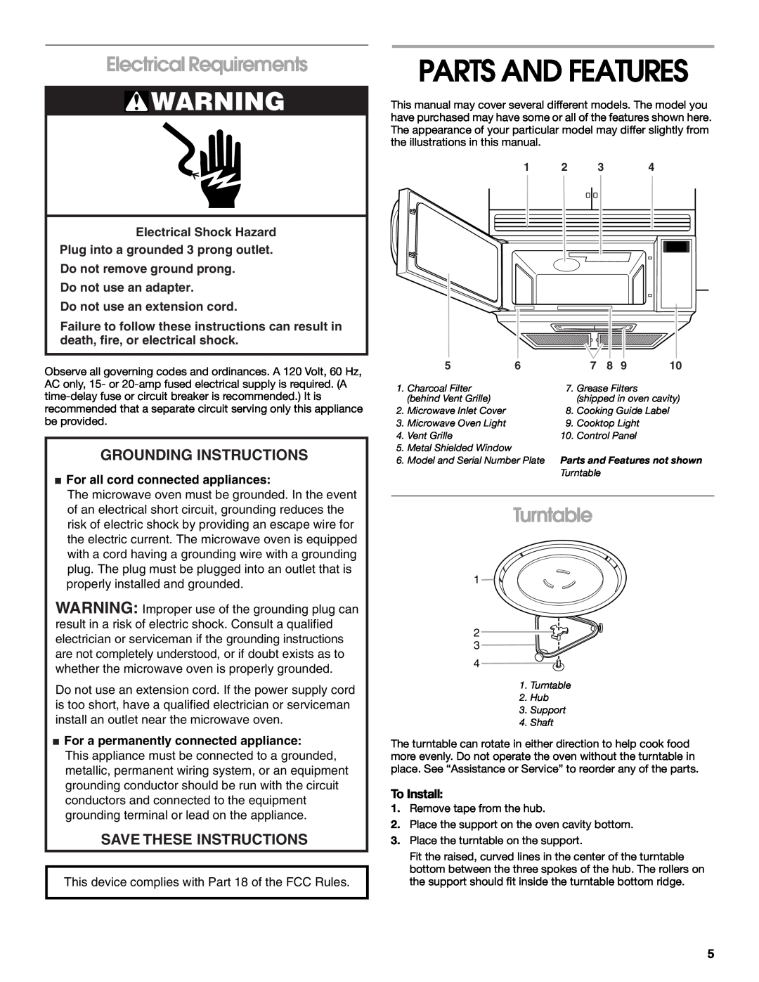 Whirlpool MHE14XM Parts And Features, Electrical Requirements, Turntable, Grounding Instructions, Save These Instructions 