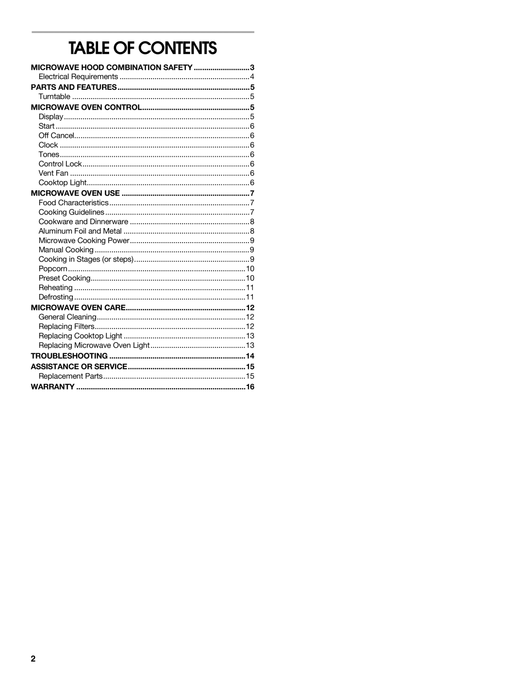 Whirlpool MHE16XS manual Table of Contents 