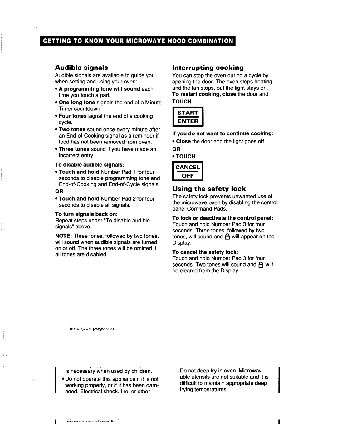 Whirlpool MHEI IRD warranty Audible signals, Interrupting cooking, Using the safety lock, Touch 