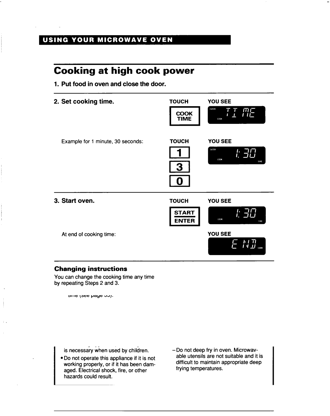 Whirlpool MHEI IRD Cooking High cook Power, Put food in oven and close the door, Time, Start oven, Changing instructions 