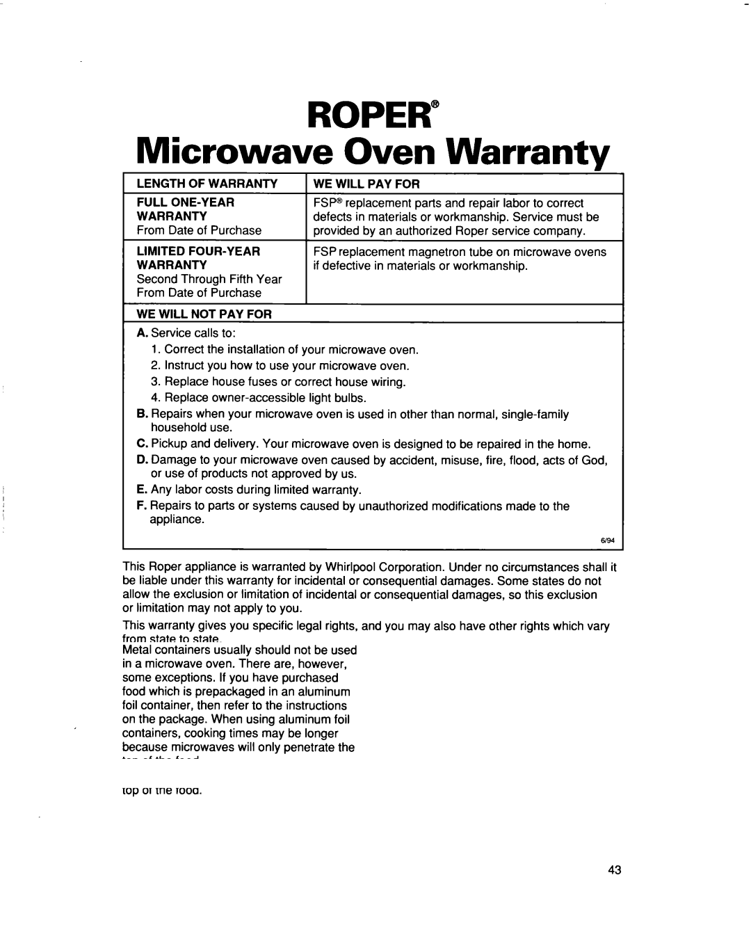 Whirlpool MHEI IRD warranty Microwave Oven Warranty, Full ONE-YEAR, Limited FOUR-YEAR, WE will not PAY for 