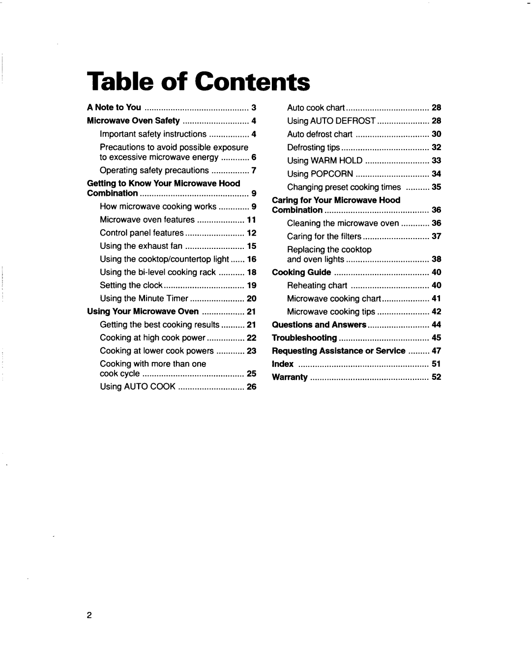 Whirlpool MHEI IRD Table of Contents, A Note to You, Getting to Know Your Microwave Hood, Combination, Guide, Questions 