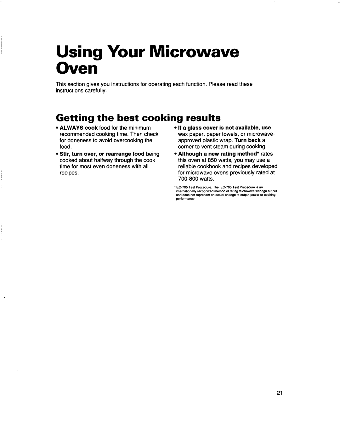 Whirlpool MHEI IRD warranty Using Your Microwave Oven, Getting the best cooking, results 