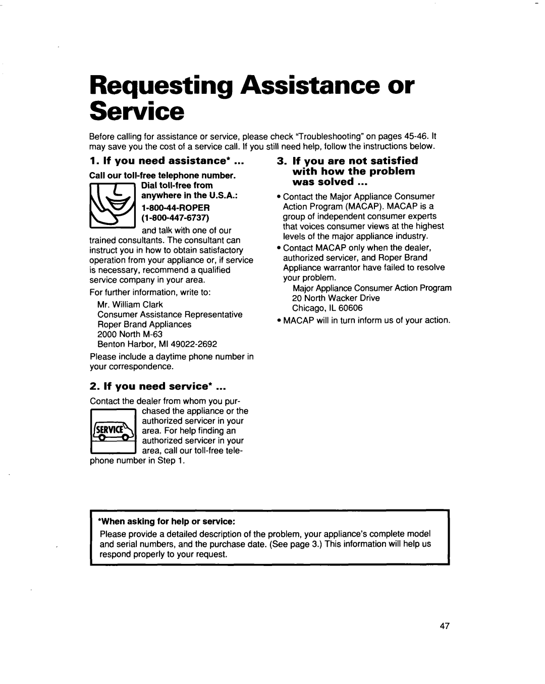 Whirlpool MHEI IRD warranty Requesting Assistance or Service, If you need assistance, If you need service 
