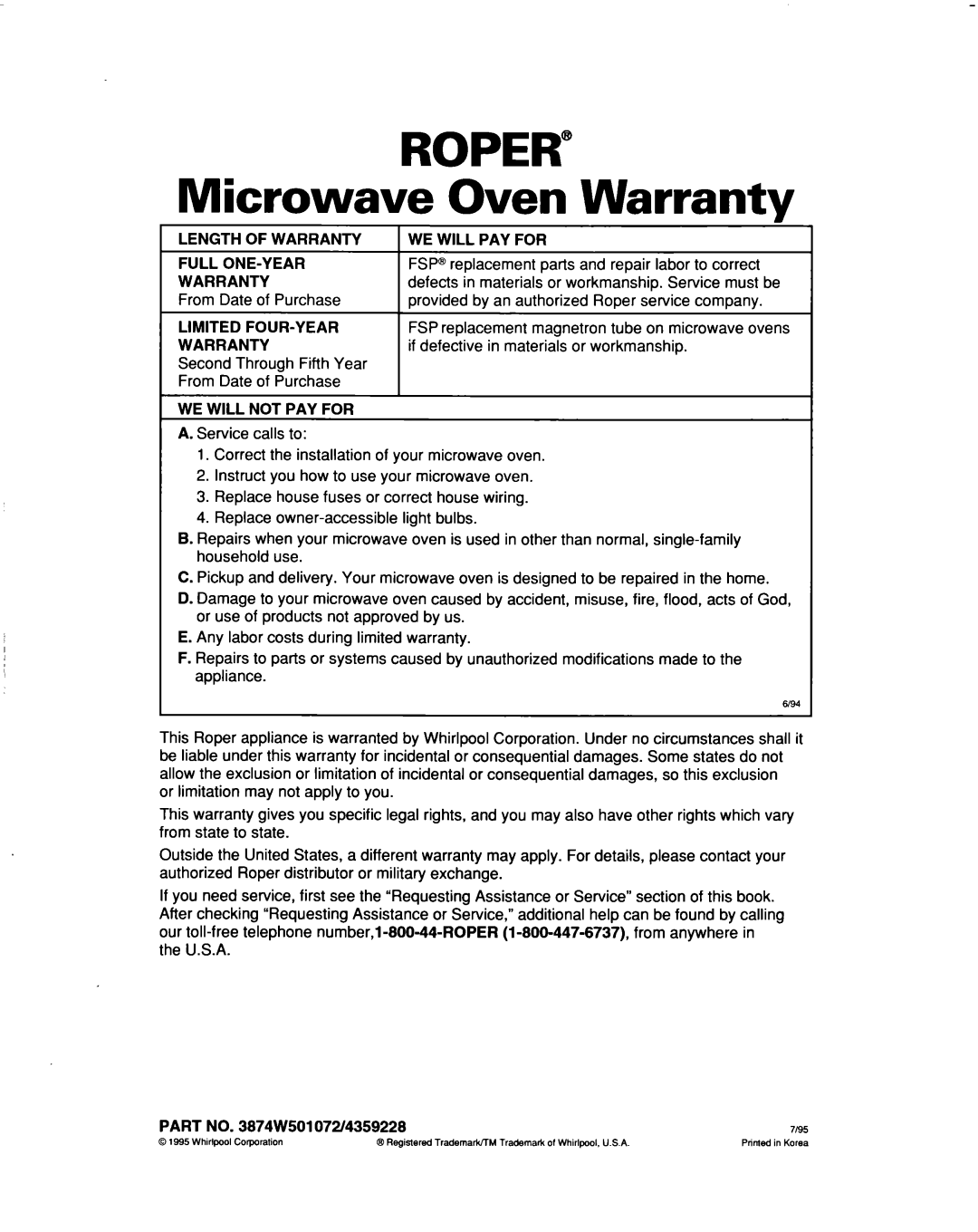 Whirlpool MHEI IRD warranty ROPER” Microwave Oven Warranty, r LENGTH OF WARRANTY 1 WE WILL PAY FOR, Full One-Year 