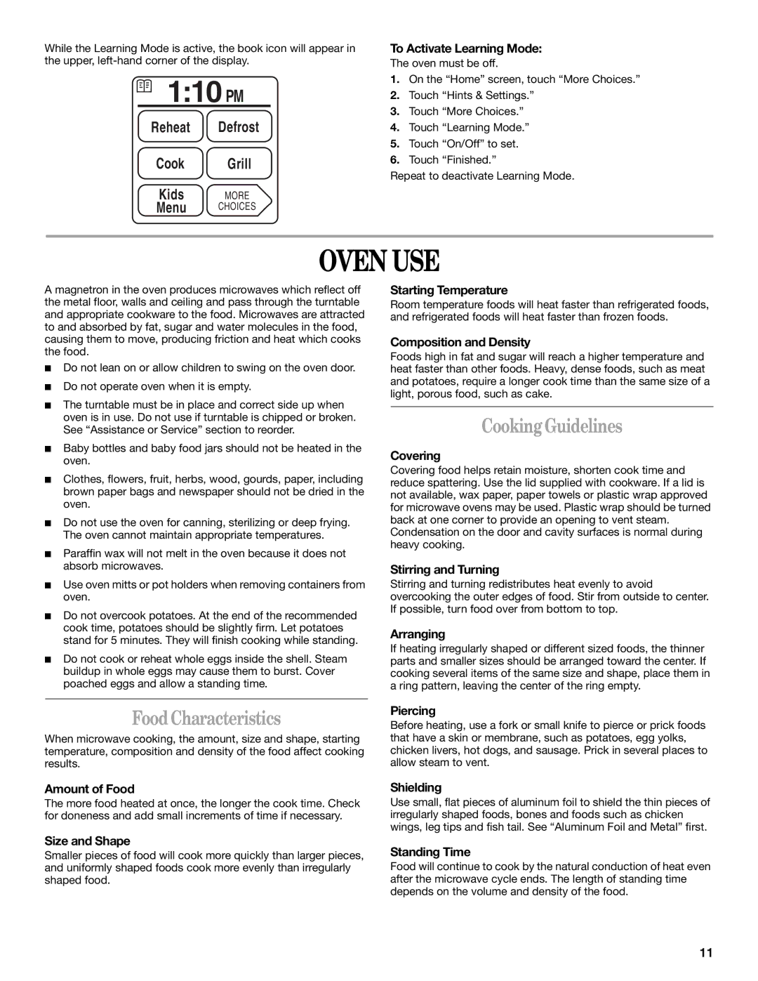 Whirlpool Micro oven manual 110 PM, Oven USE, Cooking Guidelines, Food Characteristics 