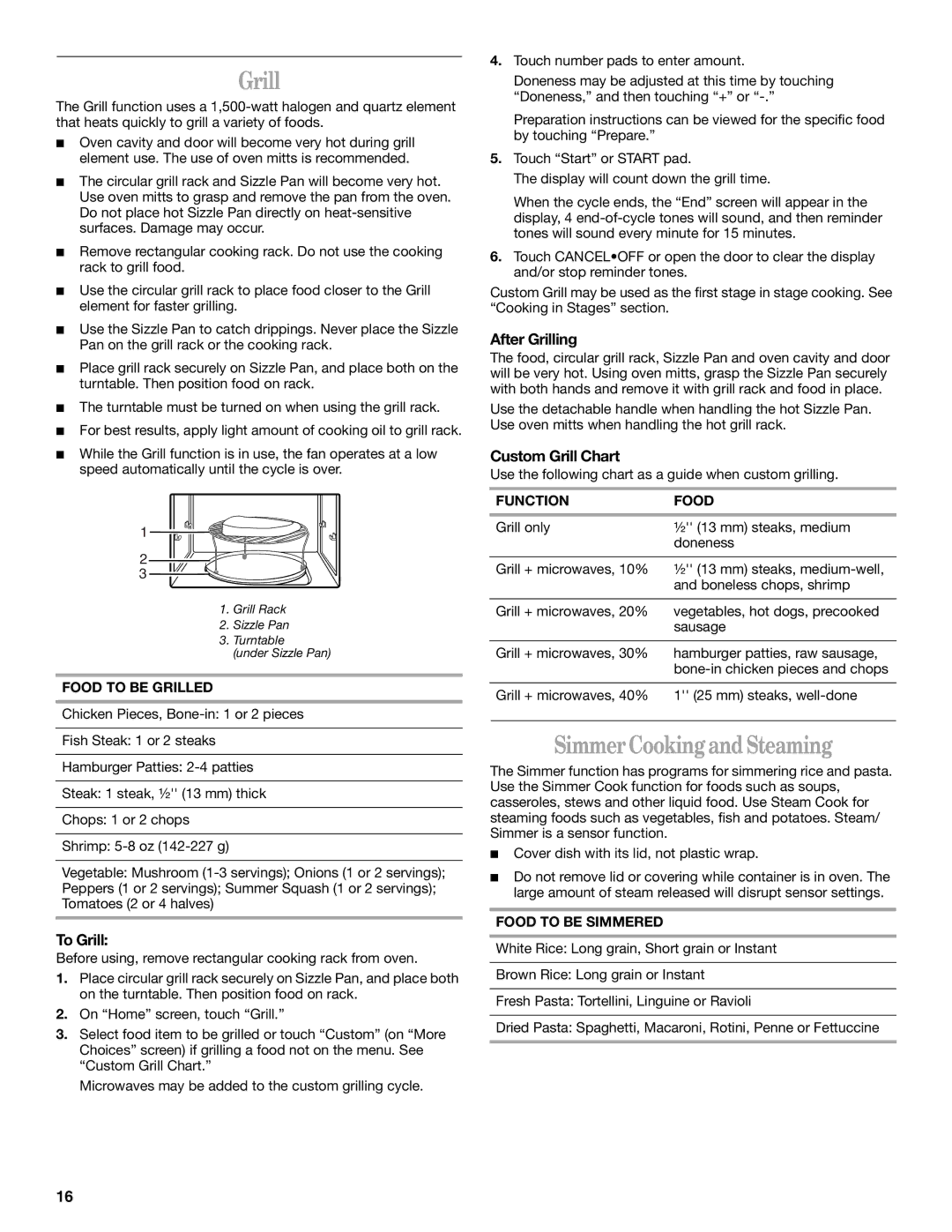 Whirlpool Micro oven manual Simmer Cooking and Steaming, To Grill, After Grilling, Custom Grill Chart 