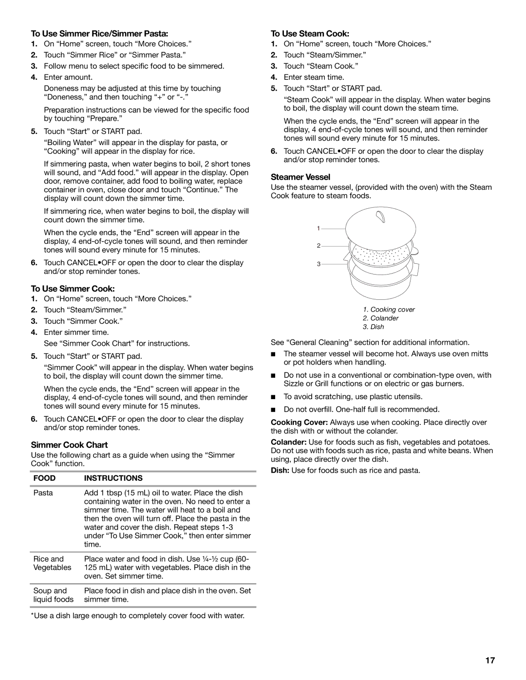 Whirlpool Micro oven manual To Use Simmer Rice/Simmer Pasta, To Use Simmer Cook, Simmer Cook Chart, To Use Steam Cook 