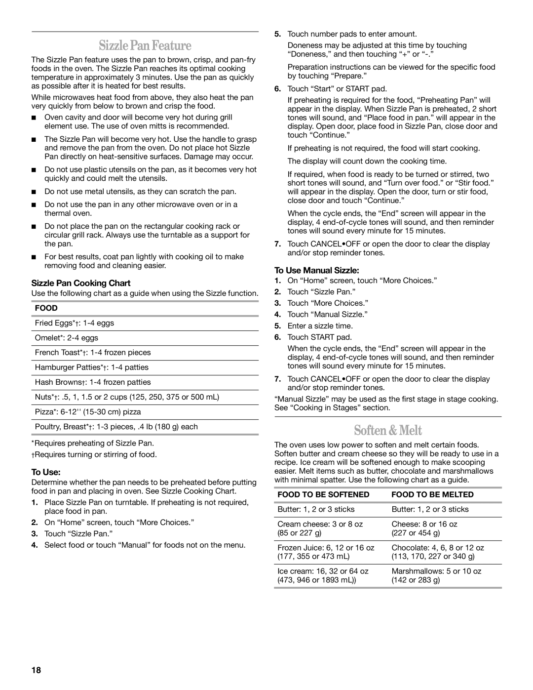 Whirlpool Micro oven manual Sizzle Pan Feature, Soften & Melt, Sizzle Pan Cooking Chart, To Use Manual Sizzle 