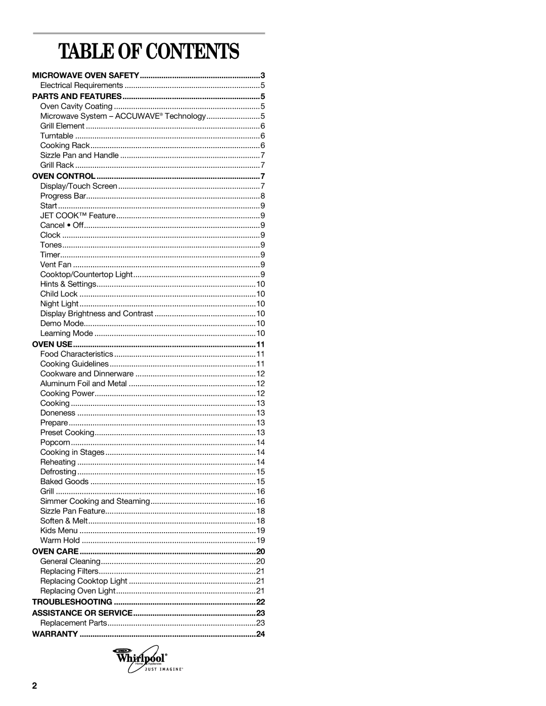 Whirlpool Micro oven manual Table of Contents 