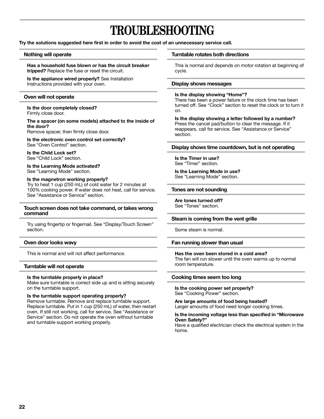 Whirlpool Micro oven manual Troubleshooting 