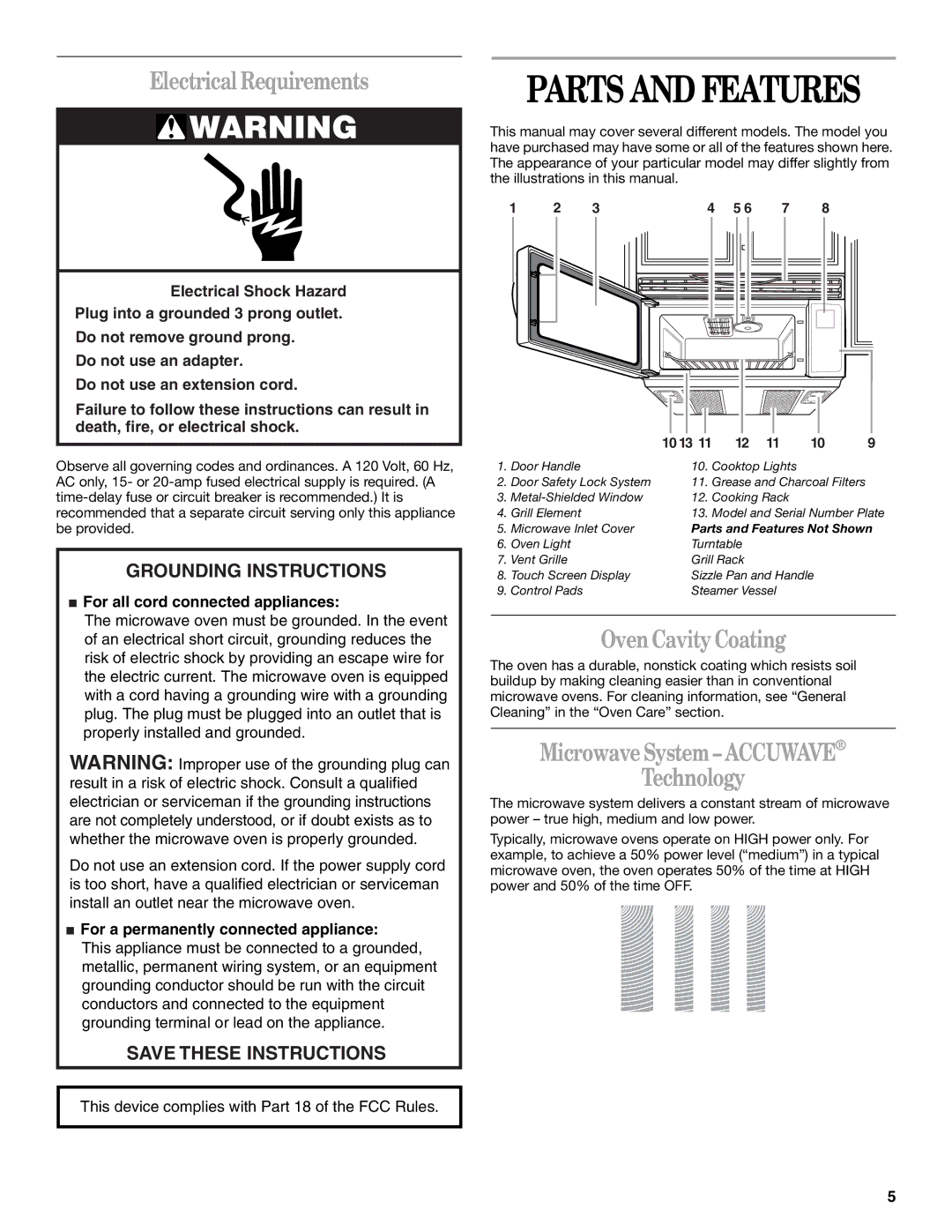 Whirlpool Micro oven manual Parts and Features, Electrical Requirements, Oven Cavity Coating 