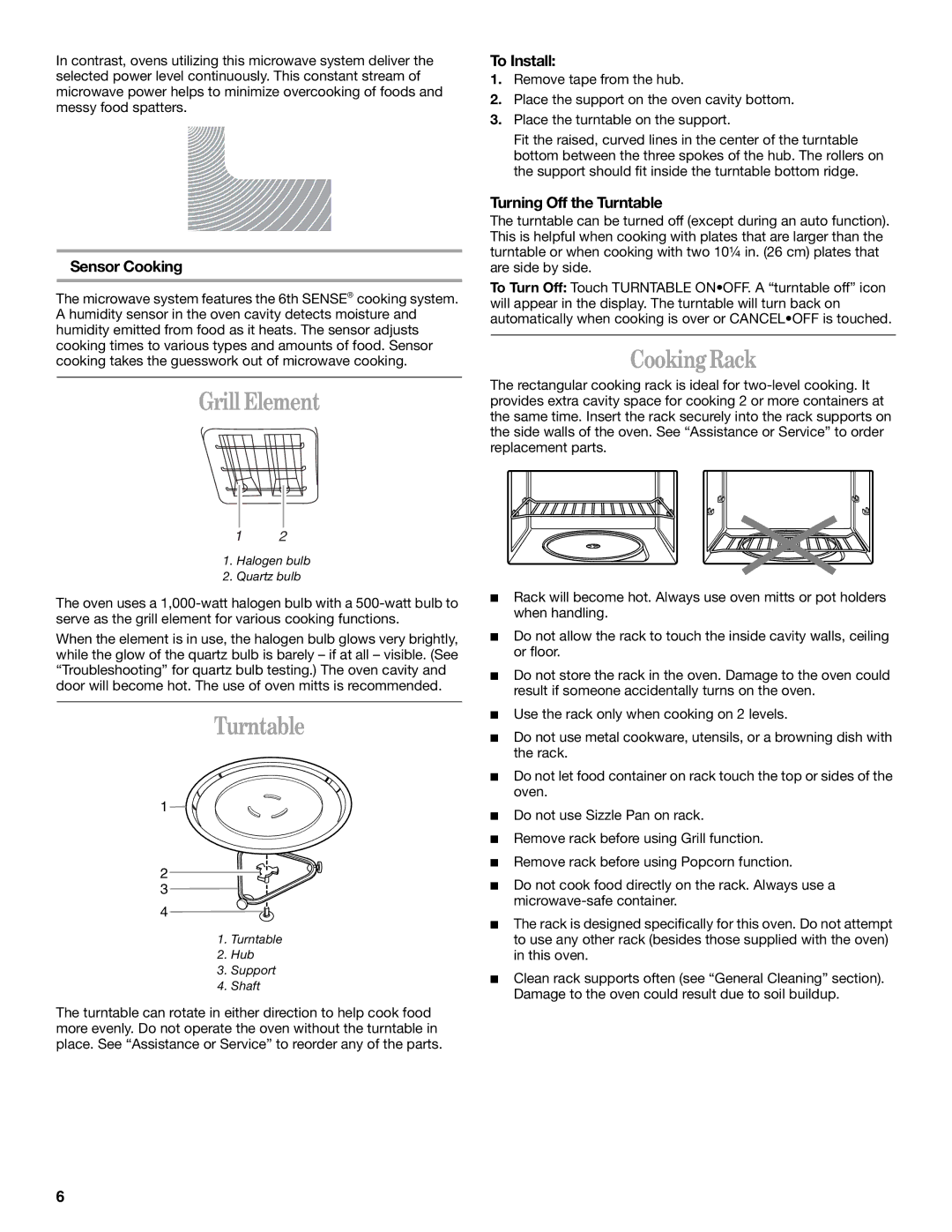 Whirlpool Micro oven manual Grill Element, Turntable, Cooking Rack 