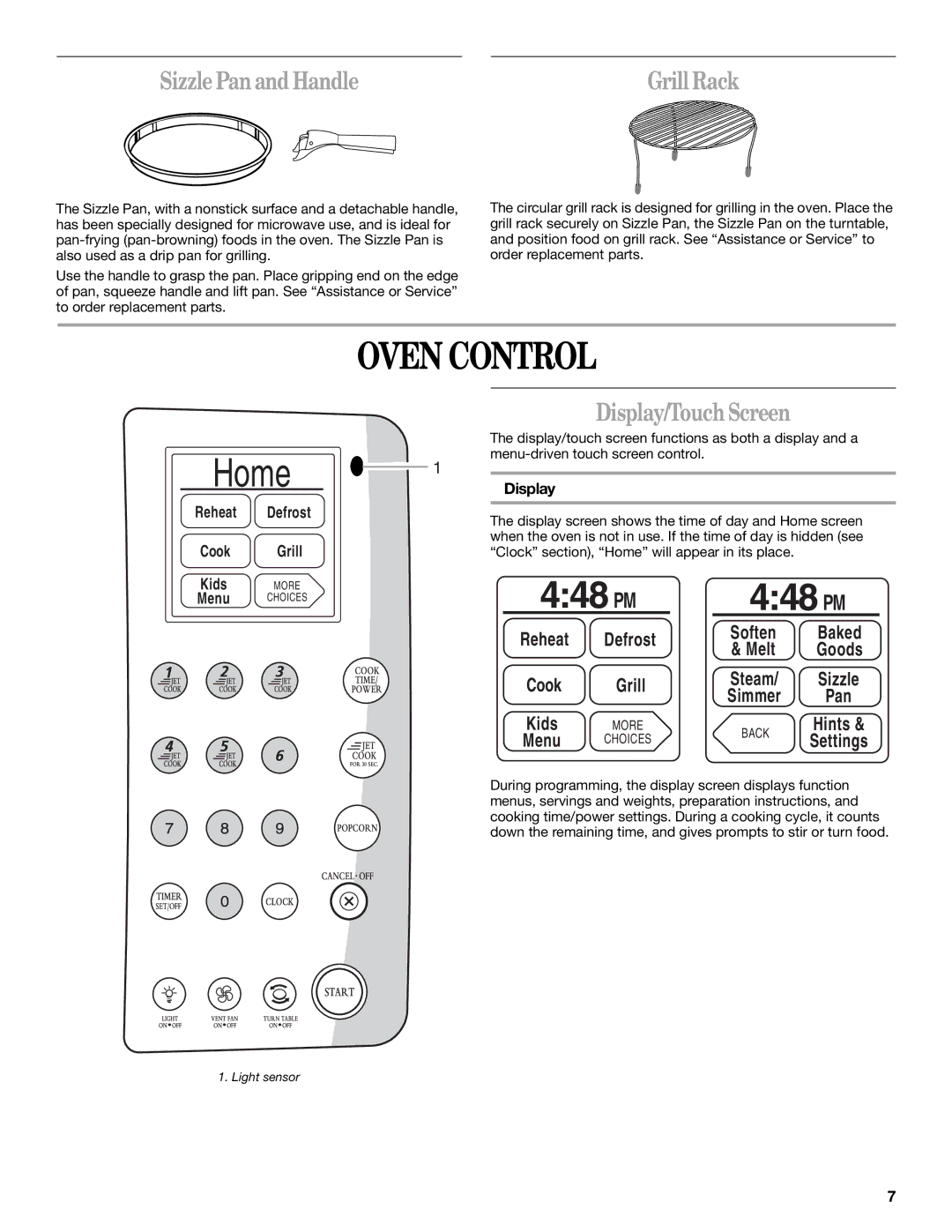 Whirlpool Micro oven manual Oven Control, 448 PM, Sizzle Pan and Handle, Reheat, Display 