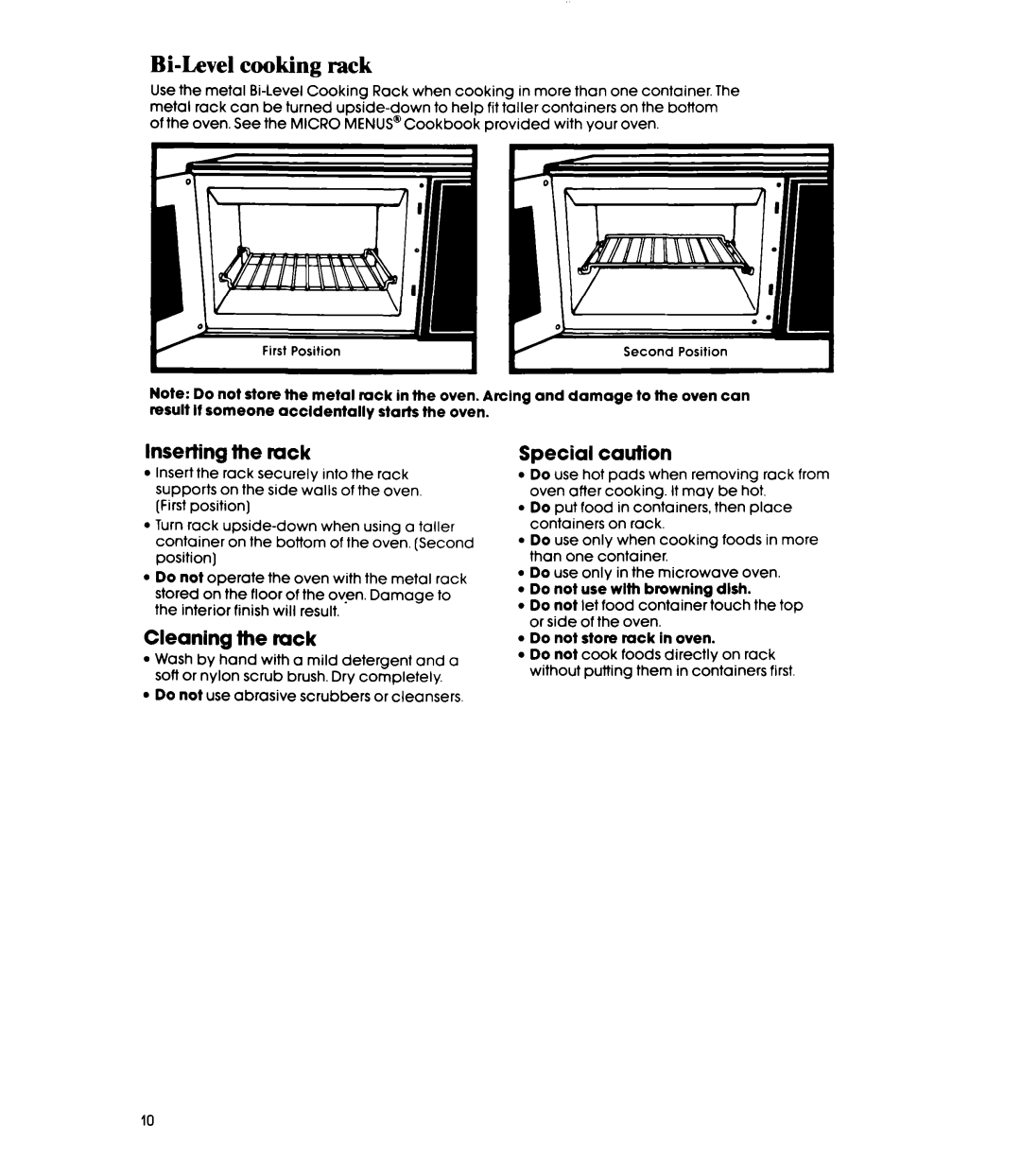 Whirlpool Microwace Oven manual Bi-Level cooking rack, Inserting the rack, Cleaning the muck, Special caution 