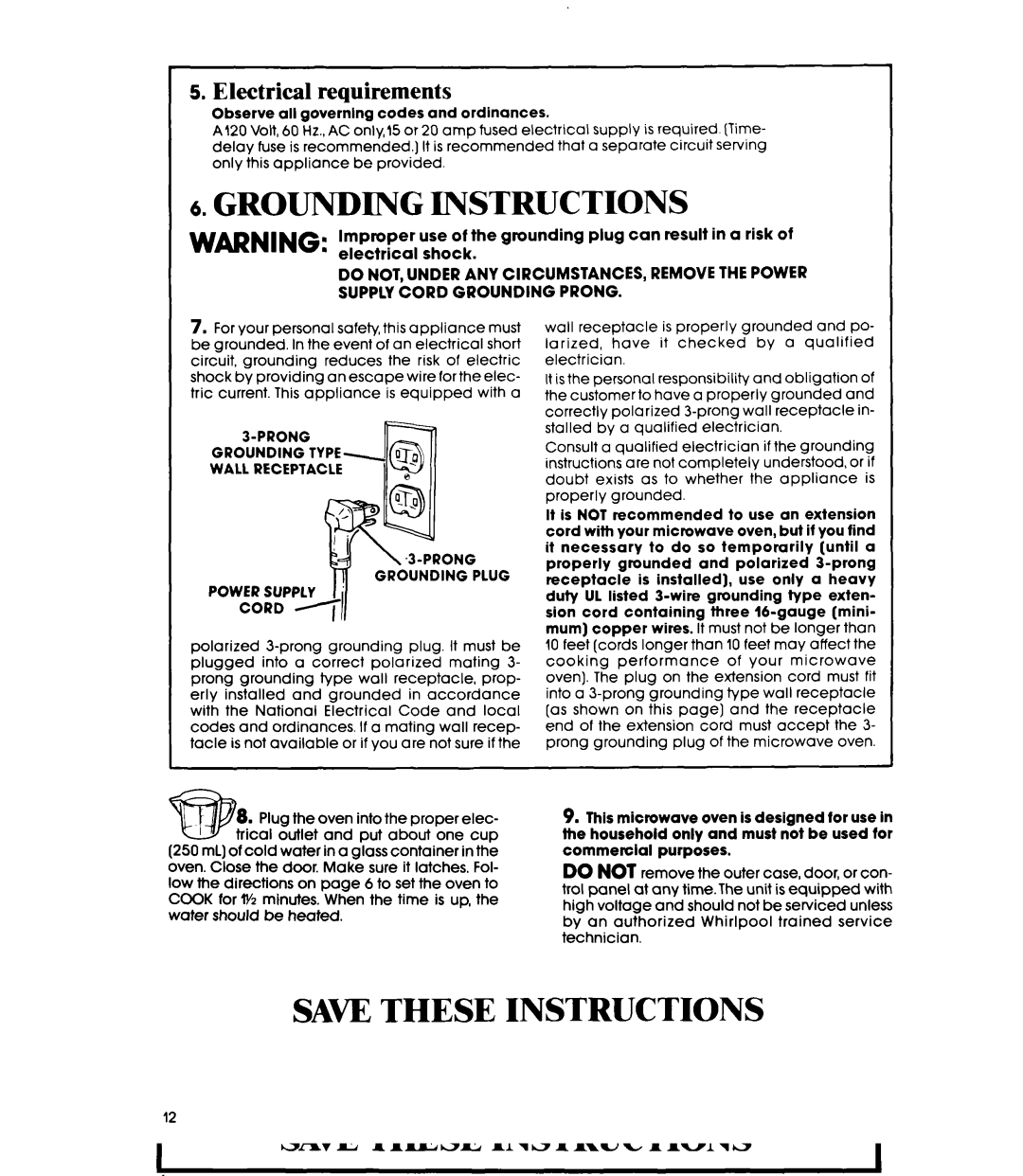 Whirlpool Microwace Oven manual Grounding Instructions, Electrical requirements 