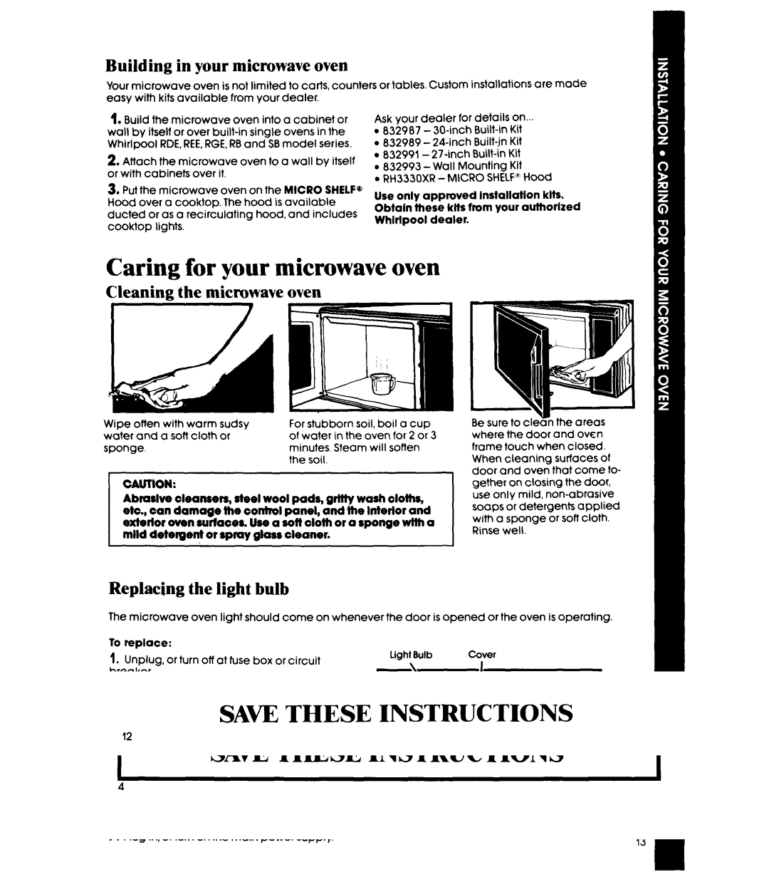 Whirlpool Microwace Oven manual Caring for your microwave oven, Building in your microwave oven, Replacing the light bulb 