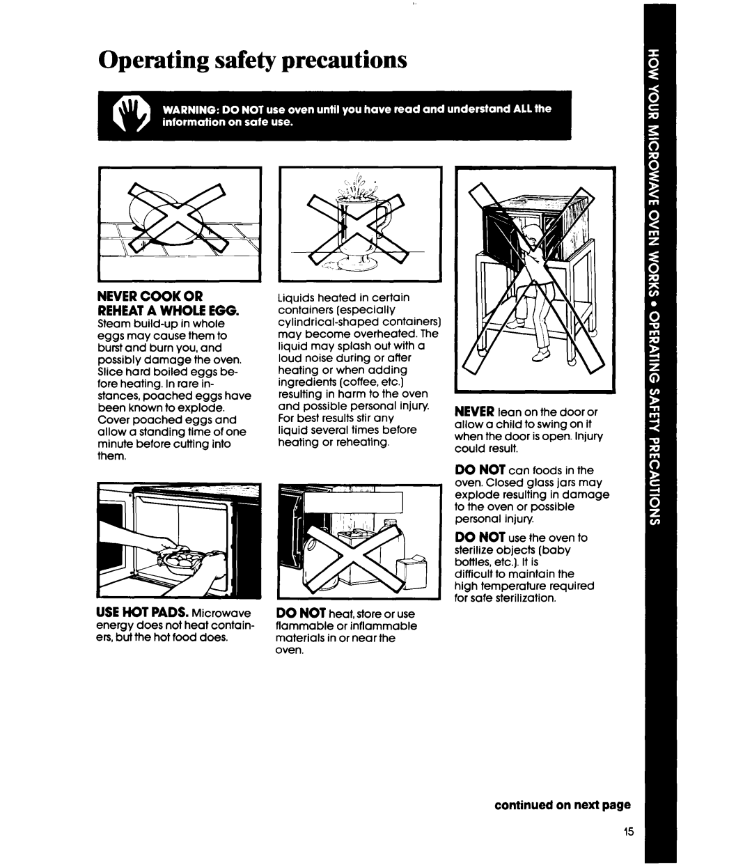 Whirlpool Microwace Oven manual Operating safety precautions, Nevercock or Reheata Whole EGG 