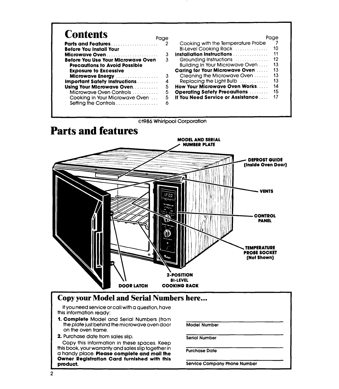 Whirlpool Microwace Oven manual Contents, Parts and features 