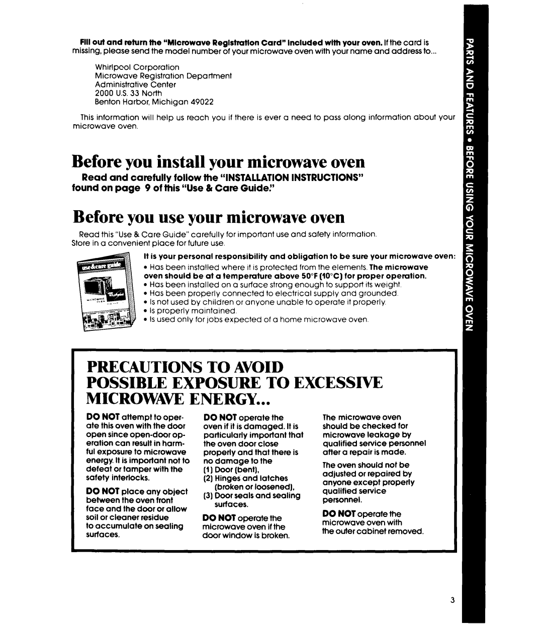 Whirlpool Microwace Oven manual Before you install your microwave oven, Before you use your microwave oven 