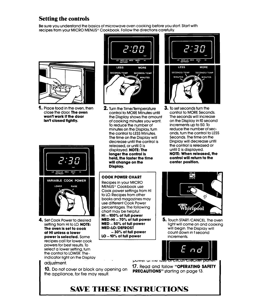 Whirlpool Microwace Oven manual Setting the controls, At HI unless a lower 