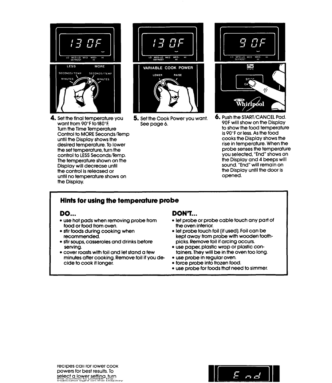 Whirlpool Microwace Oven manual Hints for using the temperature probe, Don’T 