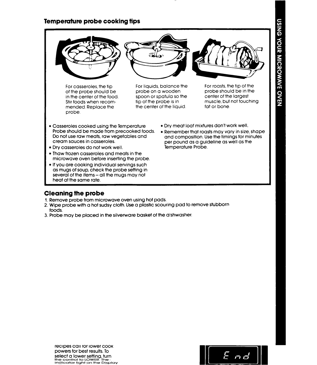 Whirlpool Microwace Oven manual Temperature probe cooking tips, Cleaning the probe 