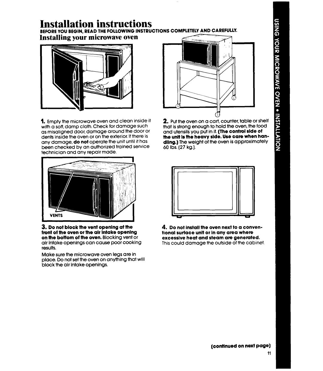 Whirlpool Microwace Oven manual Installation instructions, Installing your microwave oven 