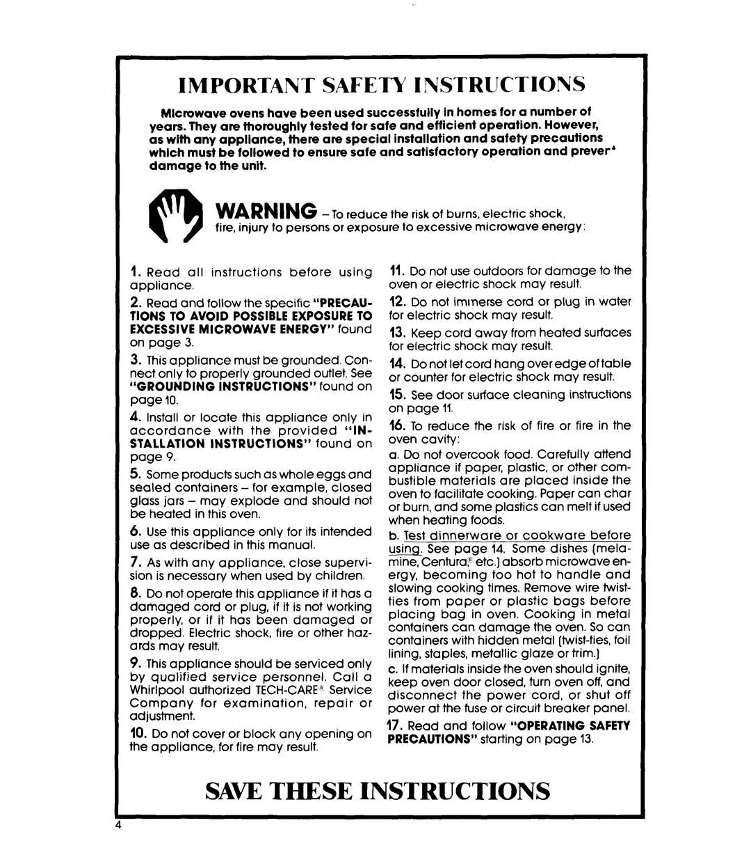 Whirlpool Microwace Oven manual Saw These Instructions, Important Safety Instructions 