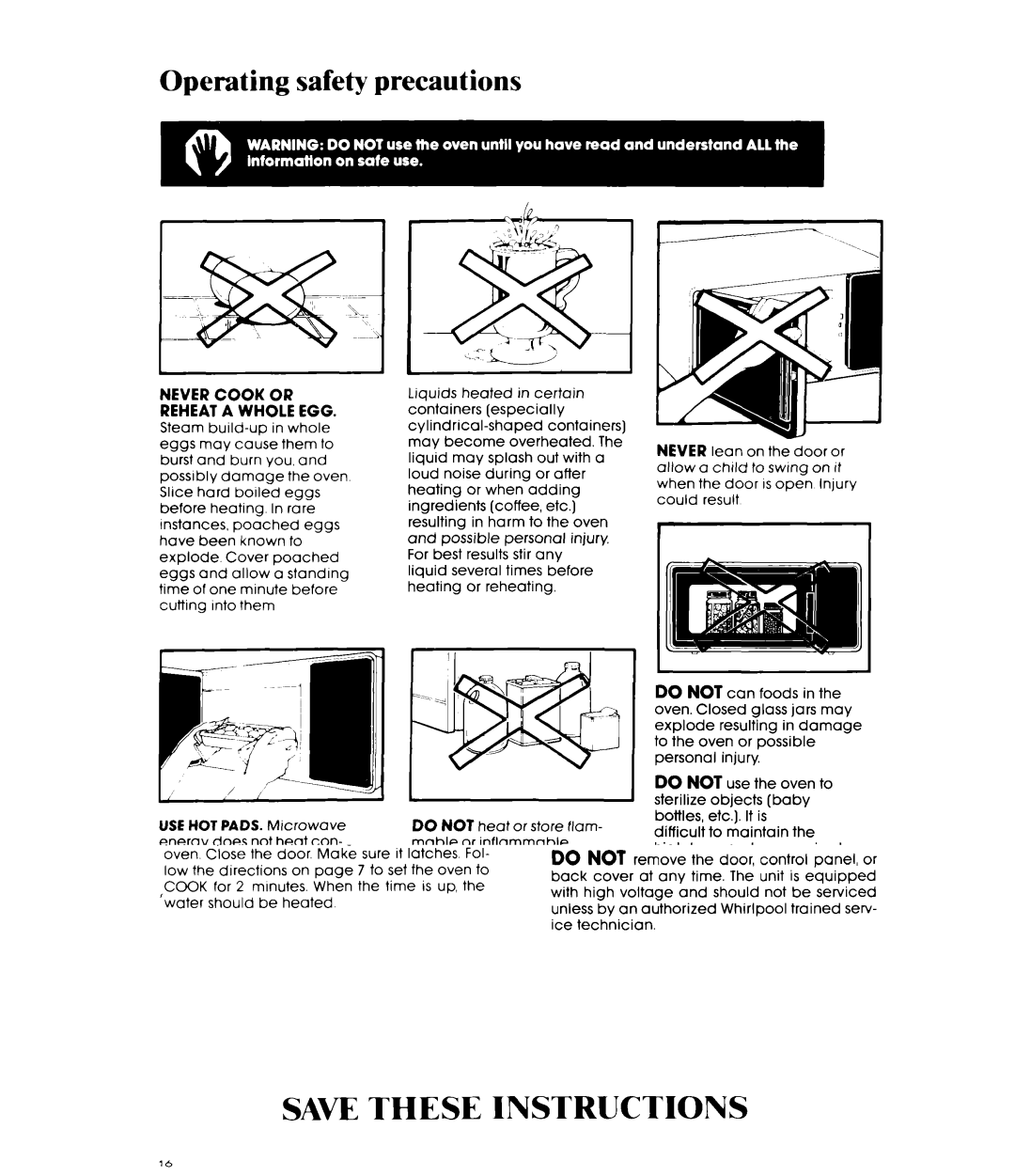 Whirlpool Microwave Oven, MW3500XP, 252 manual Operating safety precautions, Never Cook or Reheat a Whole EGG 