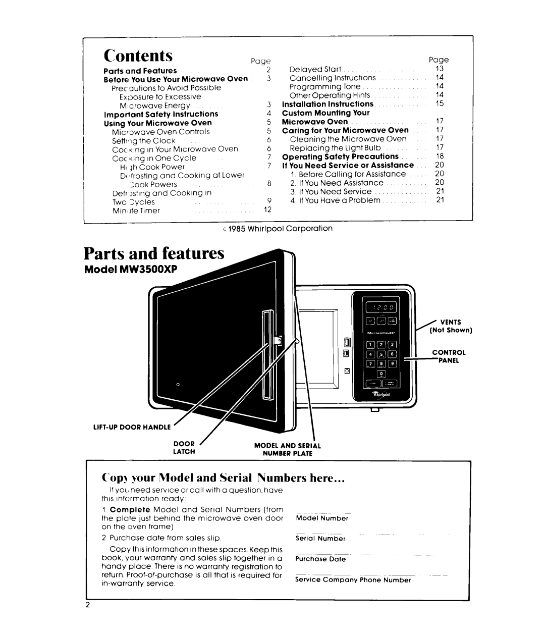 Whirlpool 252, Microwave Oven, MW3500XP manual Contents, Parts and features 