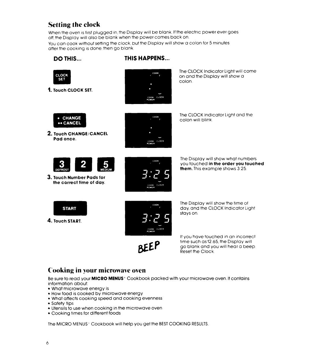 Whirlpool Microwave Oven, MW3500XP, 252 manual Setting the clock, Cooking in your microwave oven 