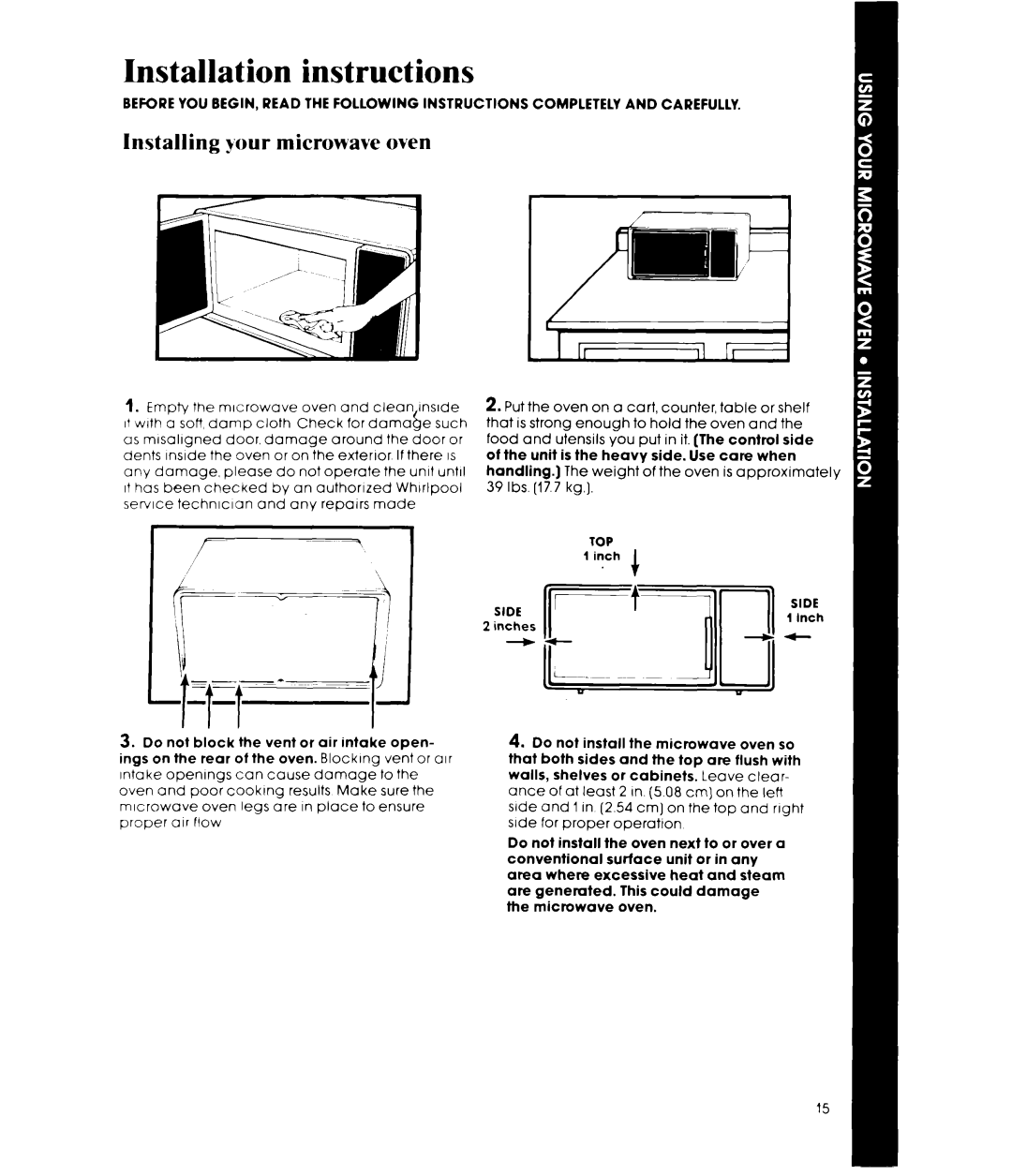 Whirlpool Microwave Oven, MW3500XP, 252 manual Installation instructions, Installing your microwave oven 