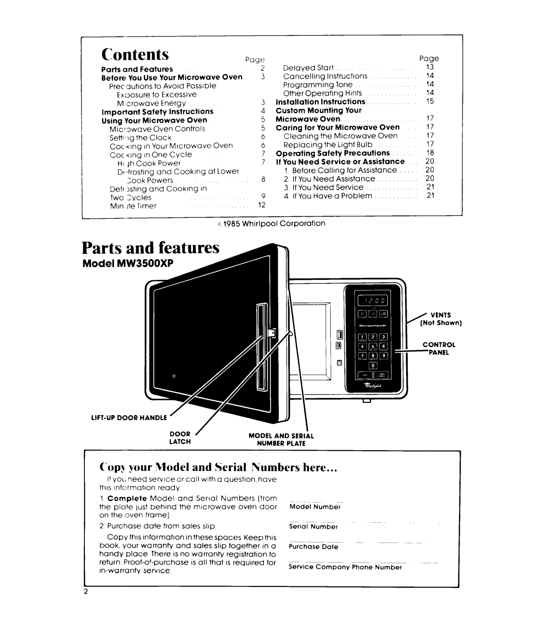 Whirlpool 252, Microwave Oven manual Contents, Parts and features, Model MW3500XP, Copy your Vodel and Serial Numbers here 