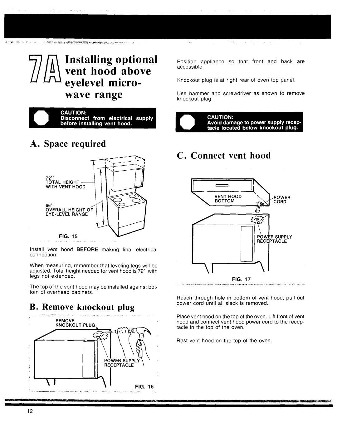 Whirlpool Microwave Oven manual Space required, Connect vent hood 