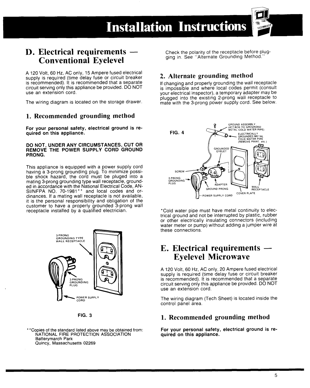 Whirlpool Microwave Oven manual Electrical requirements Conventional Eyelevel, Electrical requirements Eyelevel Mi&owave 