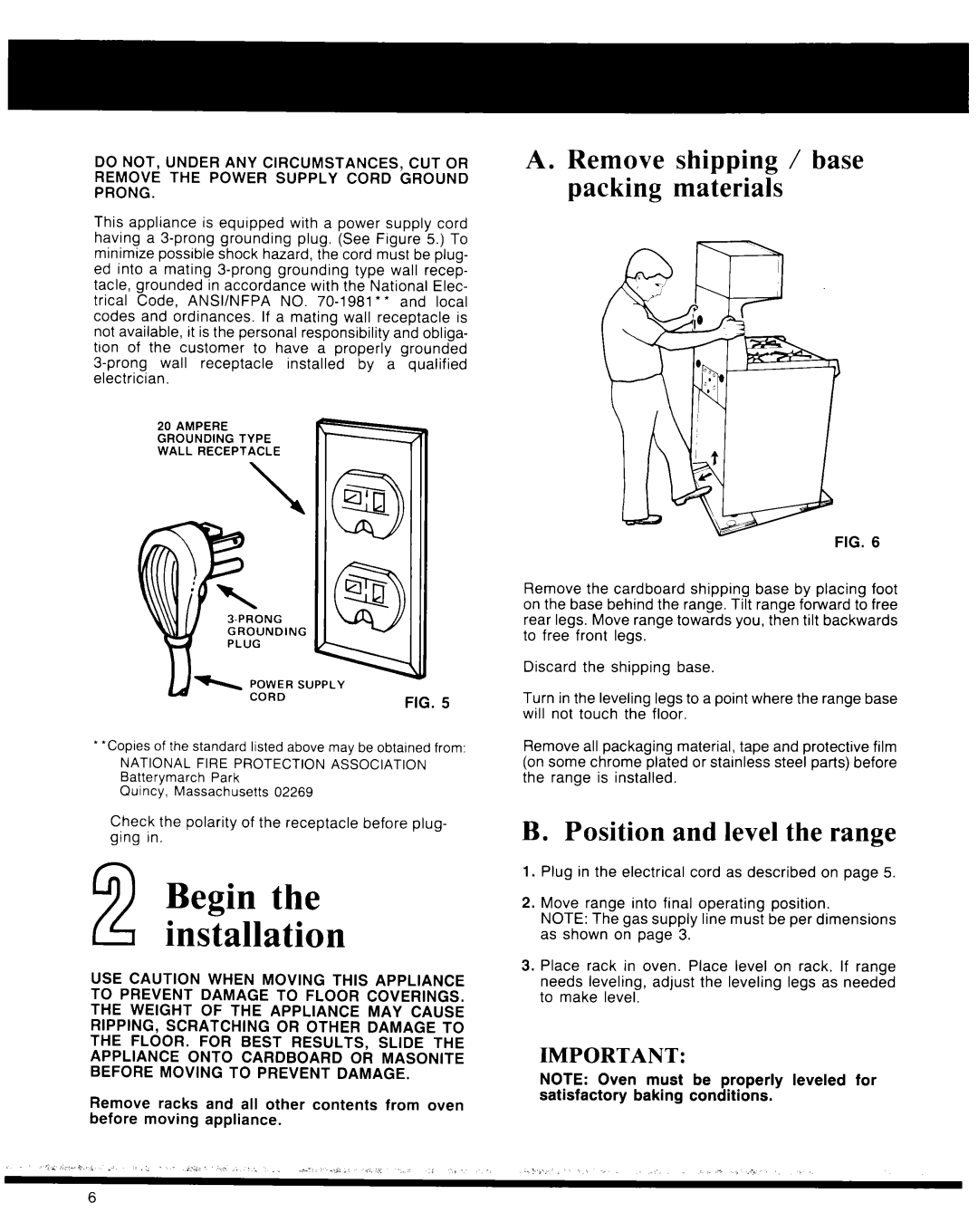 Whirlpool Microwave Oven manual Remove shipping / base packing materials, Position and level the range 