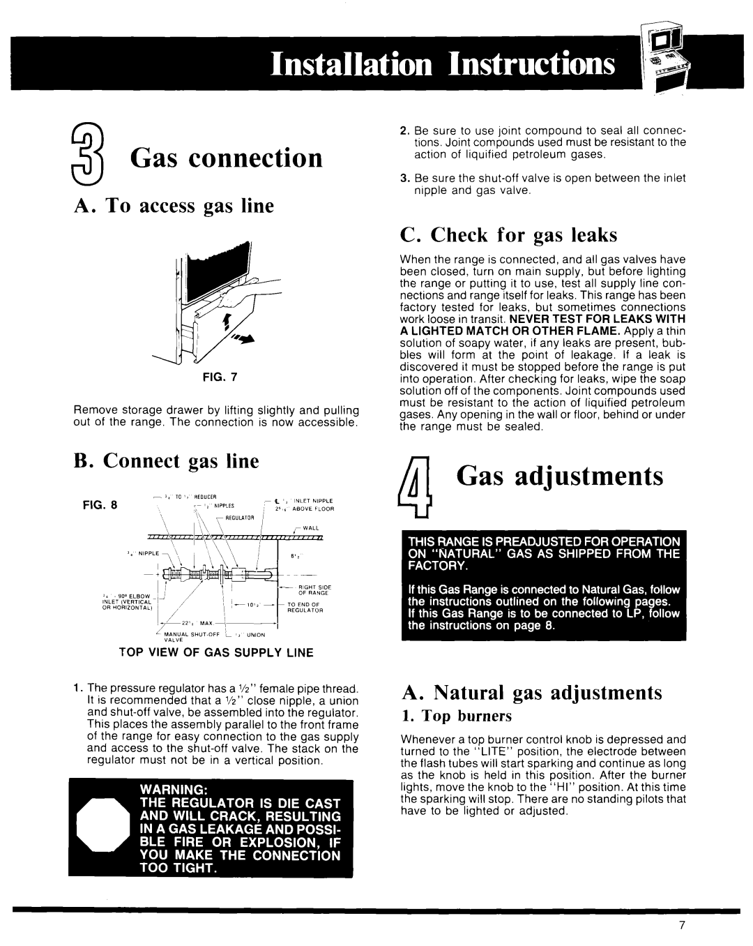 Whirlpool Microwave Oven To access gas line, Connect gas line, Check for gas leaks, Natural gas adjustments, Top burners 