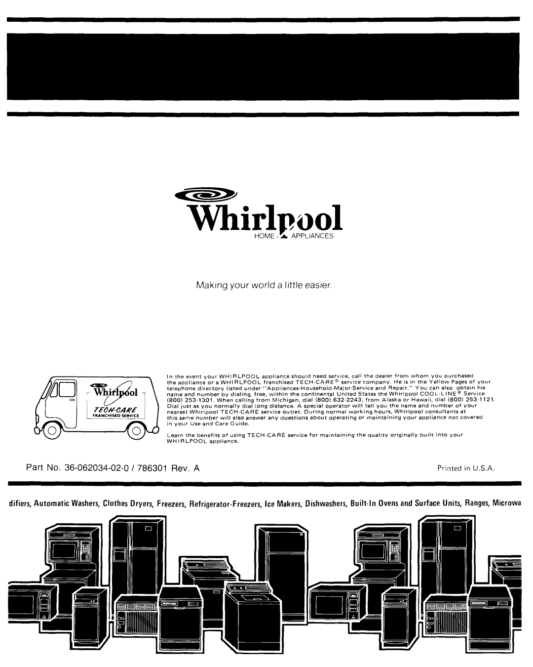 Whirlpool Microwave Oven manual Whirlpool, Maklng your world a little easier, Part No. 36-062034-02-o /786301 Rev. A 